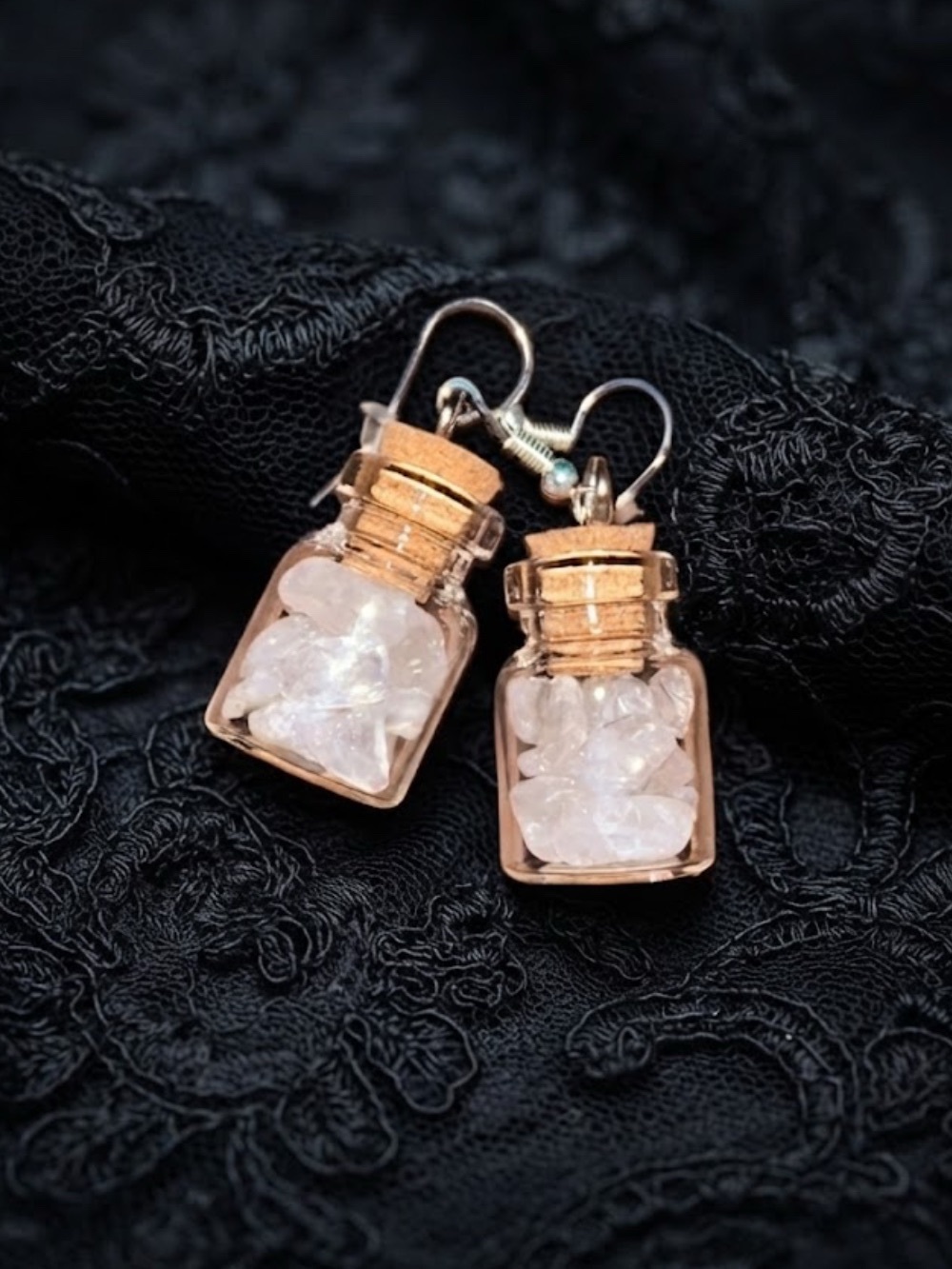 Handmade Rose Quartz Crystal Chip Spell Jar Earrings
